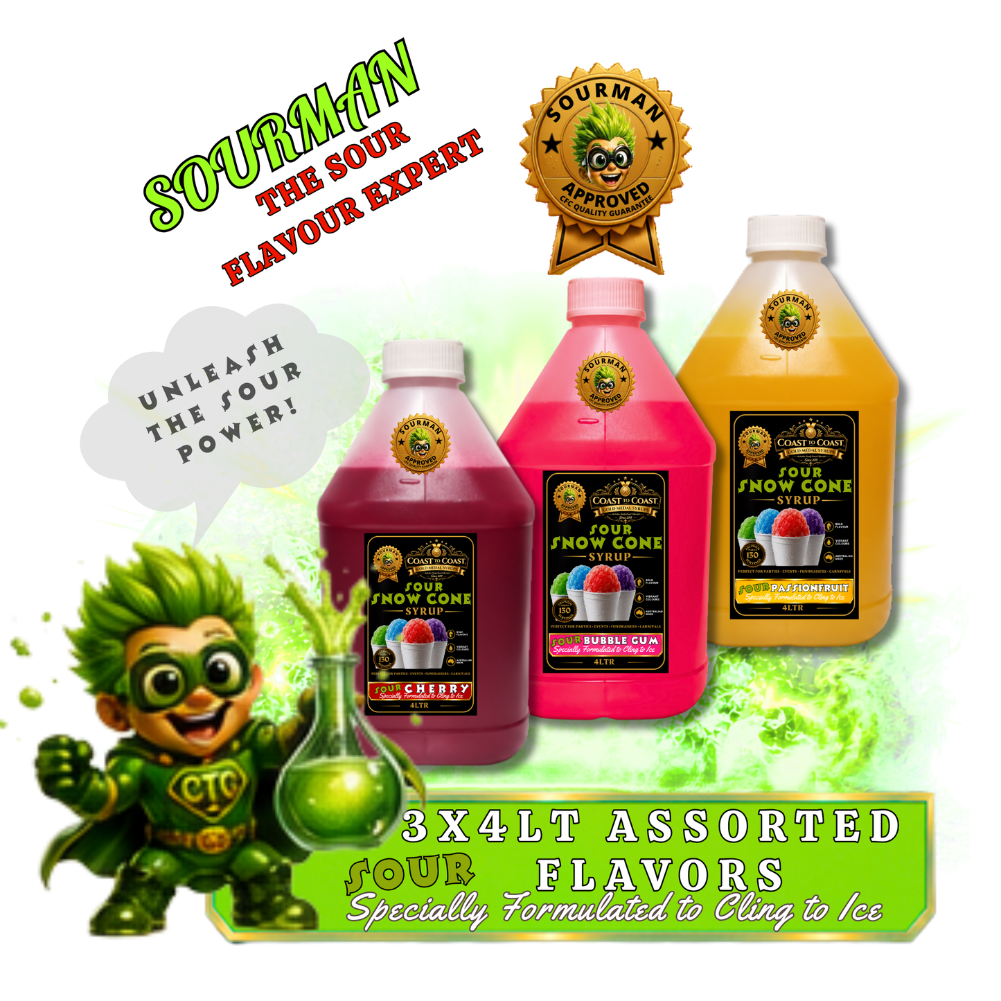 Premium Sour Snow Cone Syrup Assorted Flavours 3x4ltr - Coast to Coast Gold Medal Syrups® (Copy)