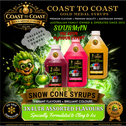 Premium Sour Snow Cone Syrup Assorted Flavours 3x4ltr - Coast to Coast Gold Medal Syrups® (Copy)
