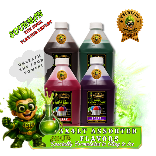 Premium Sour Snow Cone Syrup Assorted Flavours 4x4ltr - Coast to Coast Gold Medal Syrups®