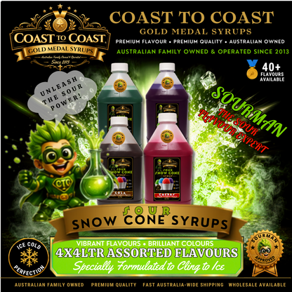 Premium Sour Snow Cone Syrup Assorted Flavours 4x4ltr - Coast to Coast Gold Medal Syrups®