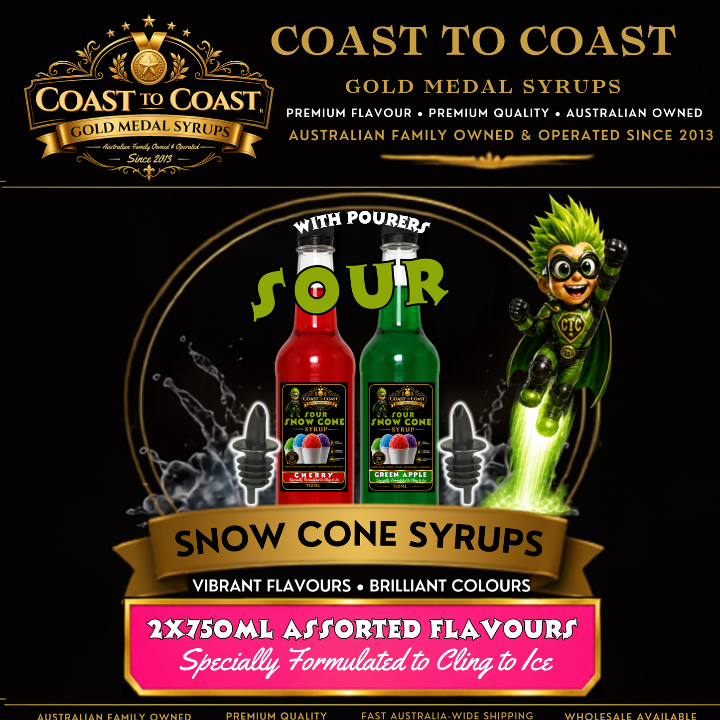 Premium Sour Assorted Flavours with Pourers 2x750ml - Coast to Coast Gold Medal Syrups®