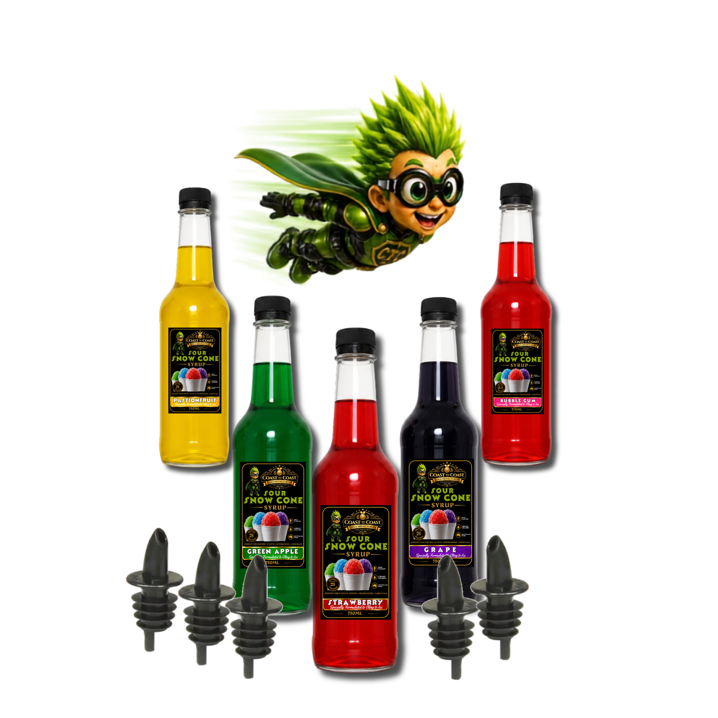 Premium Snow Cone Sour Assorted Flavour with Pourers 5x750ml - Coast to Coast Gold Medal Syrups®