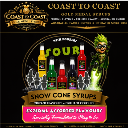 Premium Snow Cone Sour Assorted Flavour with Pourers 5x750ml - Coast to Coast Gold Medal Syrups®