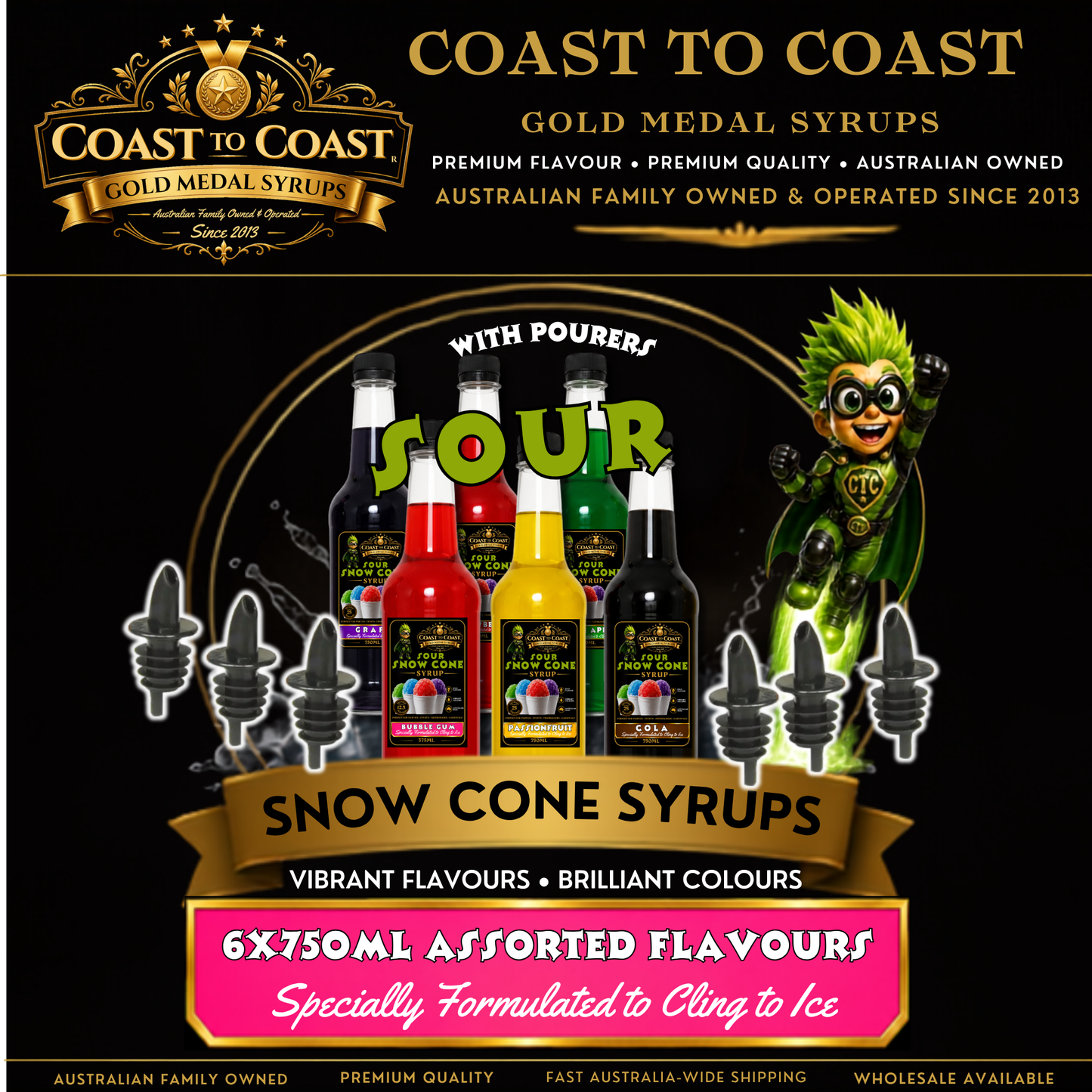 Premium Snow Cone Sour Assorted Flavour with Pourers 6x750ml - Coast to Coast Gold Medal Syrups®