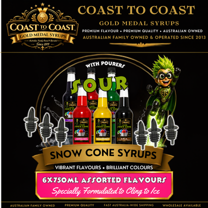 Premium Snow Cone Sour Assorted Flavour with Pourers 6x750ml - Coast to Coast Gold Medal Syrups®