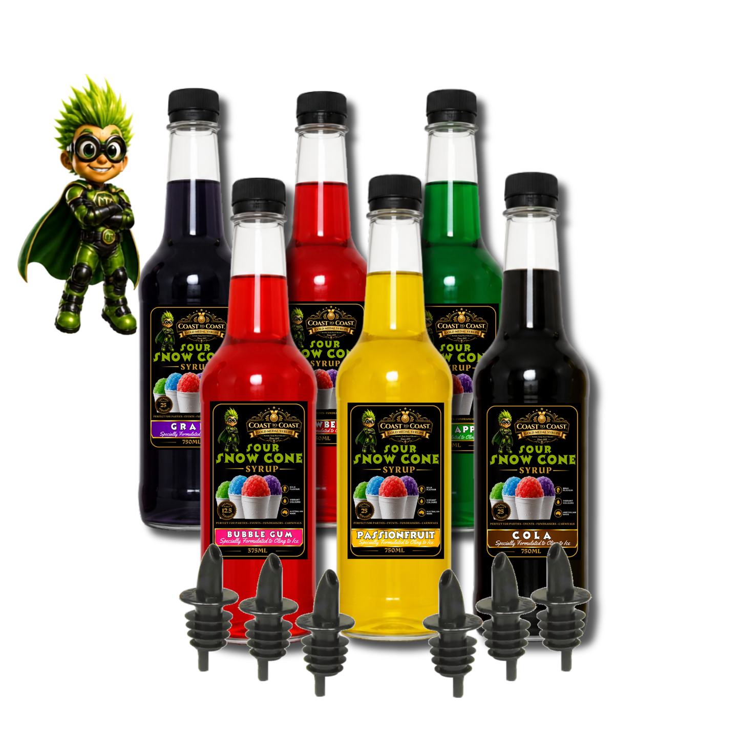 Premium Snow Cone Sour Assorted Flavour with Pourers 6x750ml - Coast to Coast Gold Medal Syrups®
