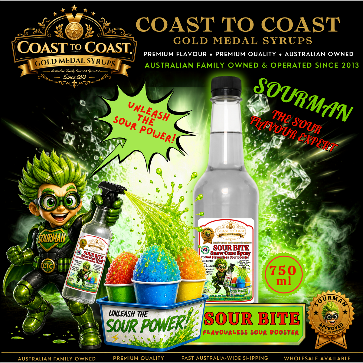 #3 Coast to Coast Gold Medal Syrups®, Sour Bite 750ml add to Snow Cone, or Slushie