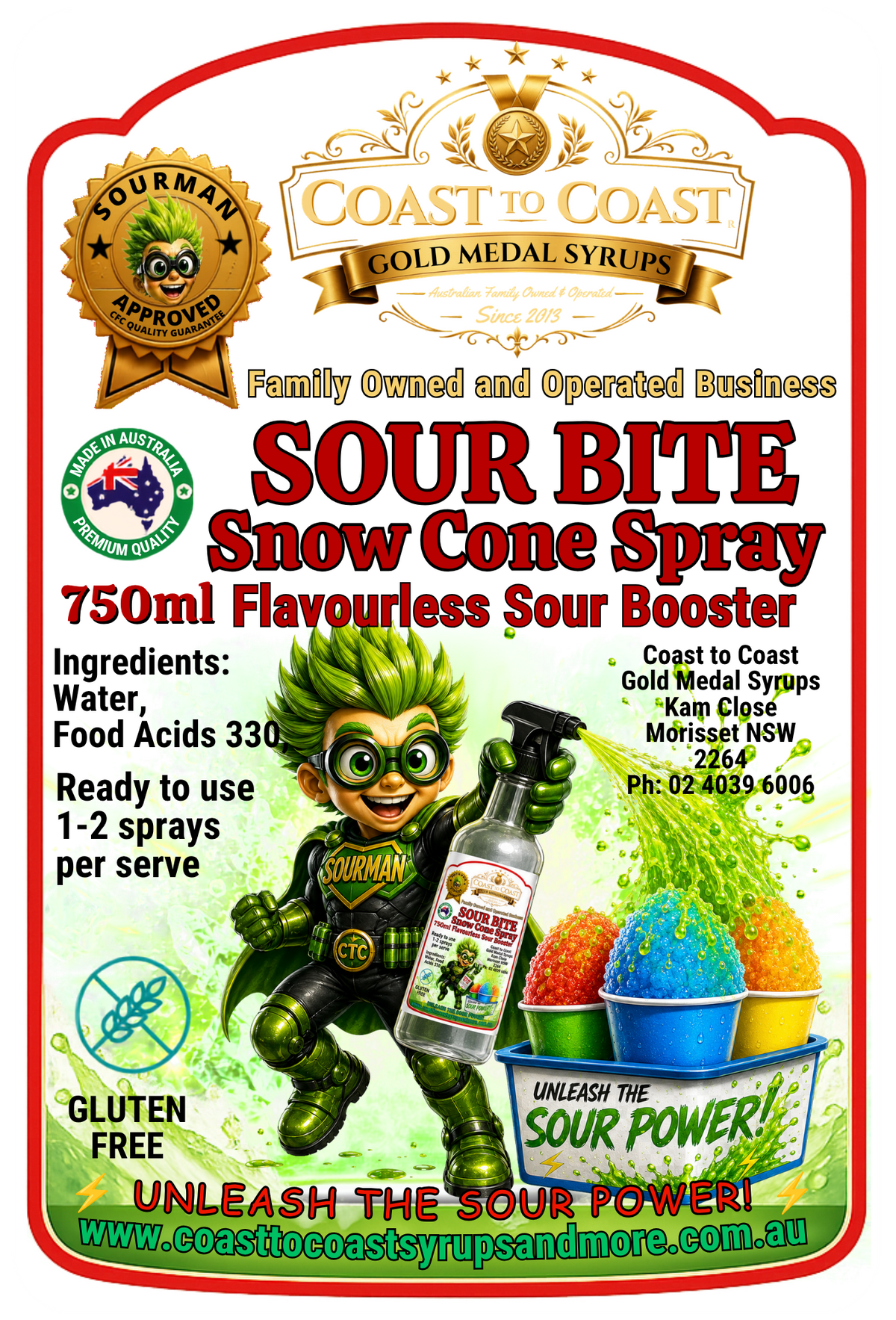 #3 Coast to Coast Gold Medal Syrups®, Sour Bite 750ml add to Snow Cone, or Slushie