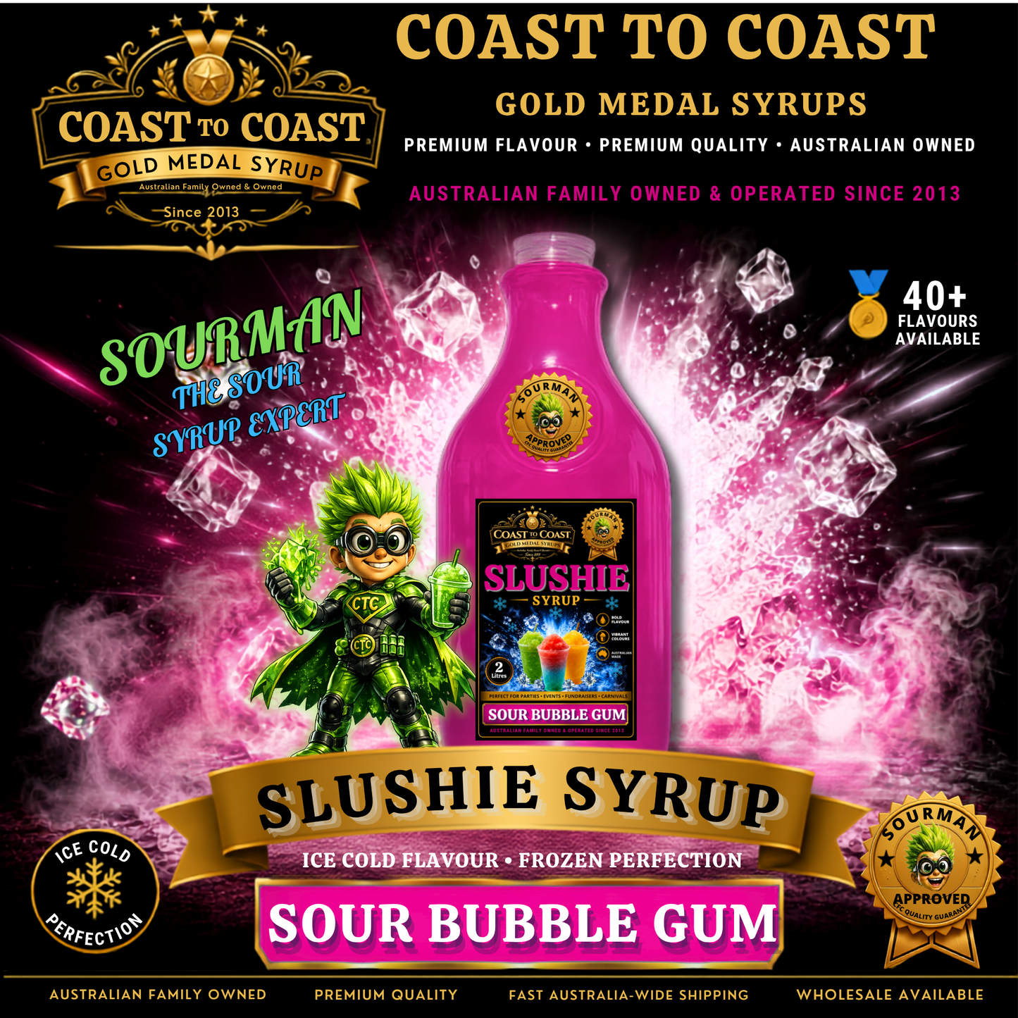 Premium Sour Bubble Gum Slushie Syrups 2ltr - Coast to Coast Gold Medal Syrups