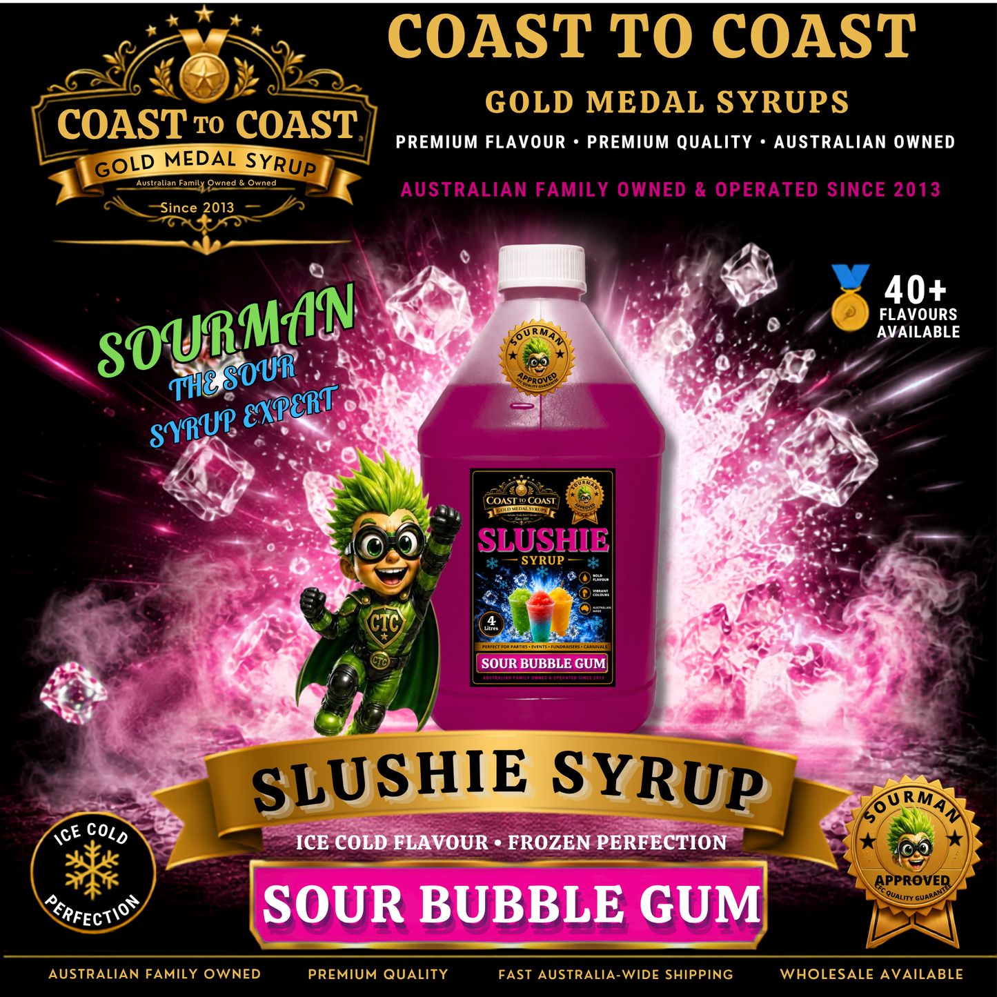 Premium Sour Bubble Gum Slushie Syrups 4ltr - Coast to Coast Gold Medal Syrups