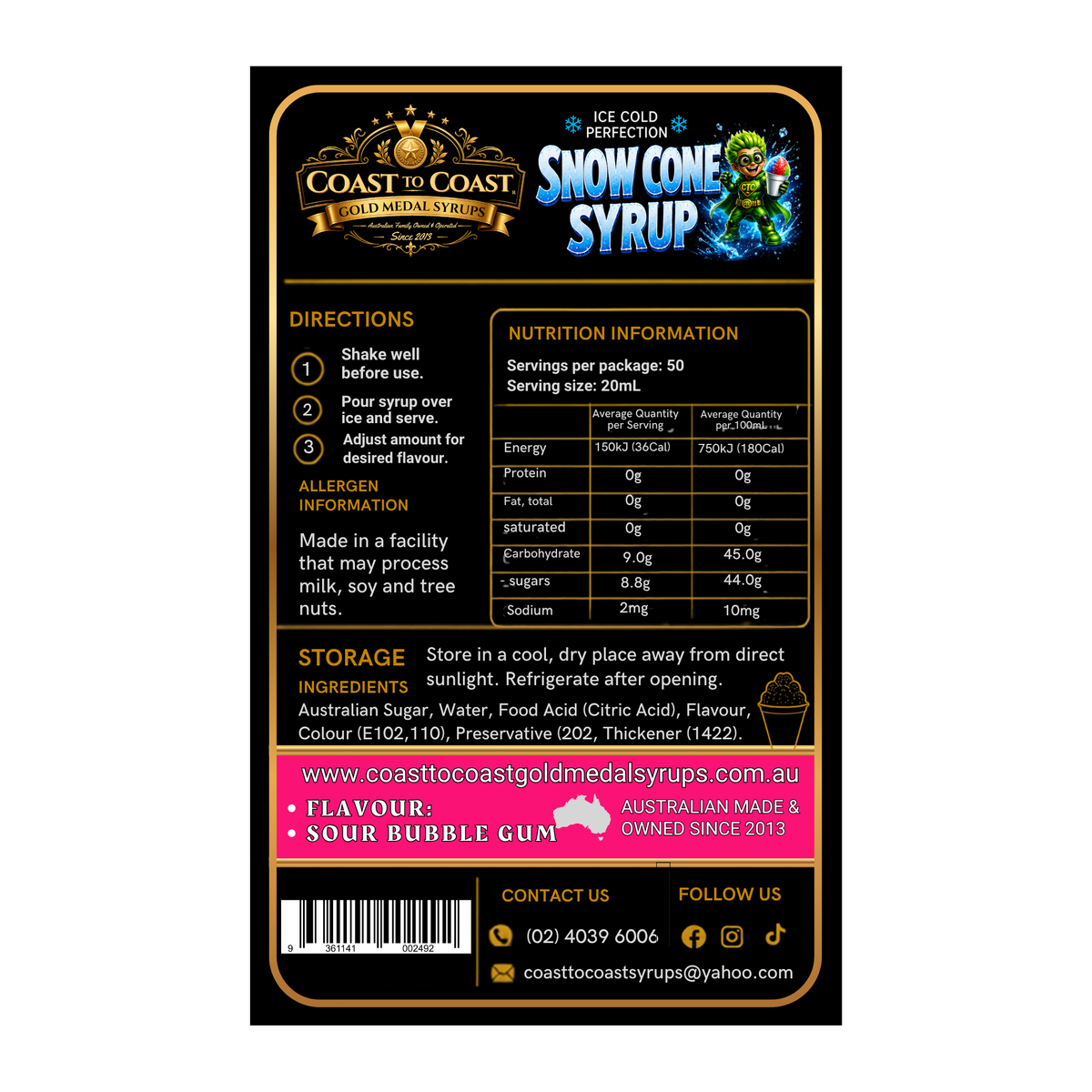 Premium Sour Bubble Gum Snow Cone Syrup 2ltr - Coast to Coast Gold Medal Syrups®