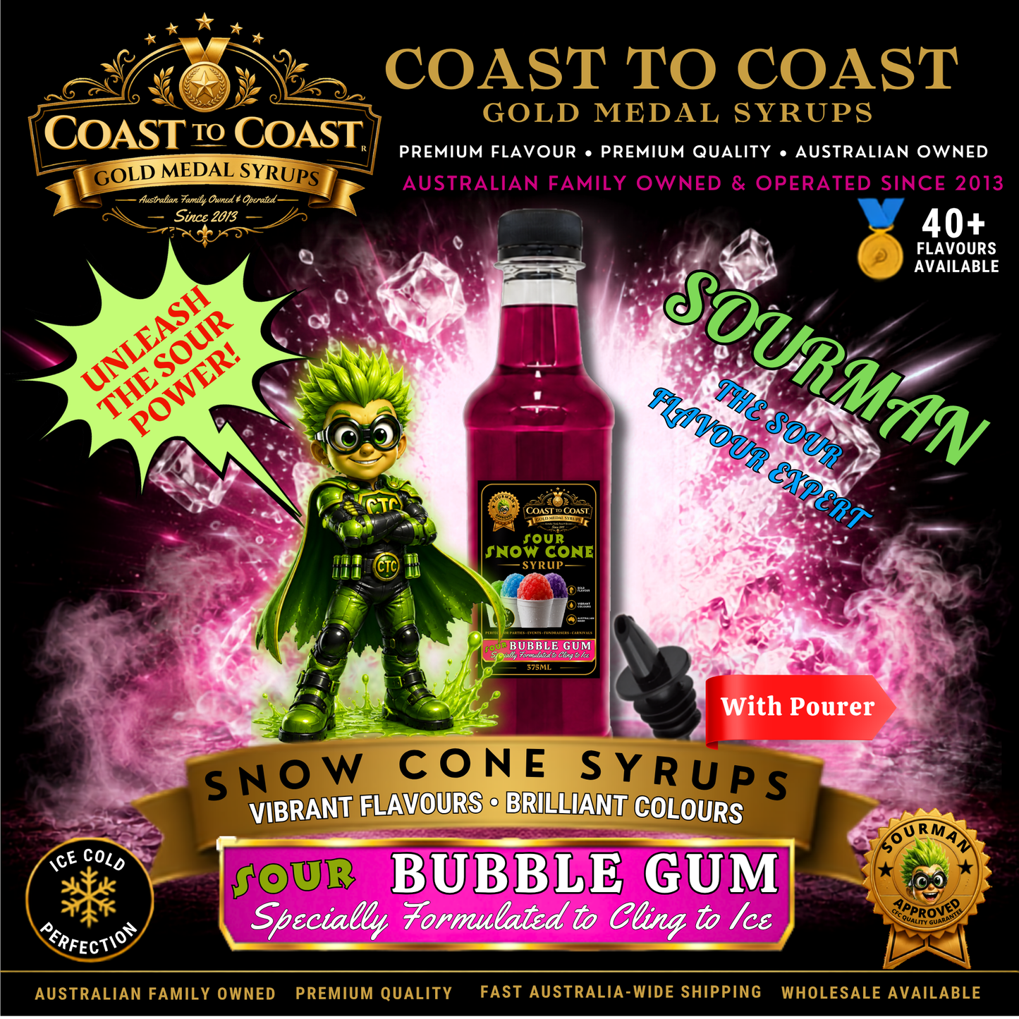Premium Sour Bubble Gum Snow Cone Syrup 375ml with Pourer - Coast to Coast Gold Medal Syrups®