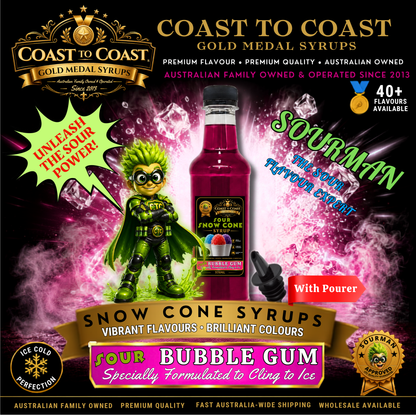 Premium Sour Bubble Gum Snow Cone Syrup 375ml with Pourer - Coast to Coast Gold Medal Syrups®