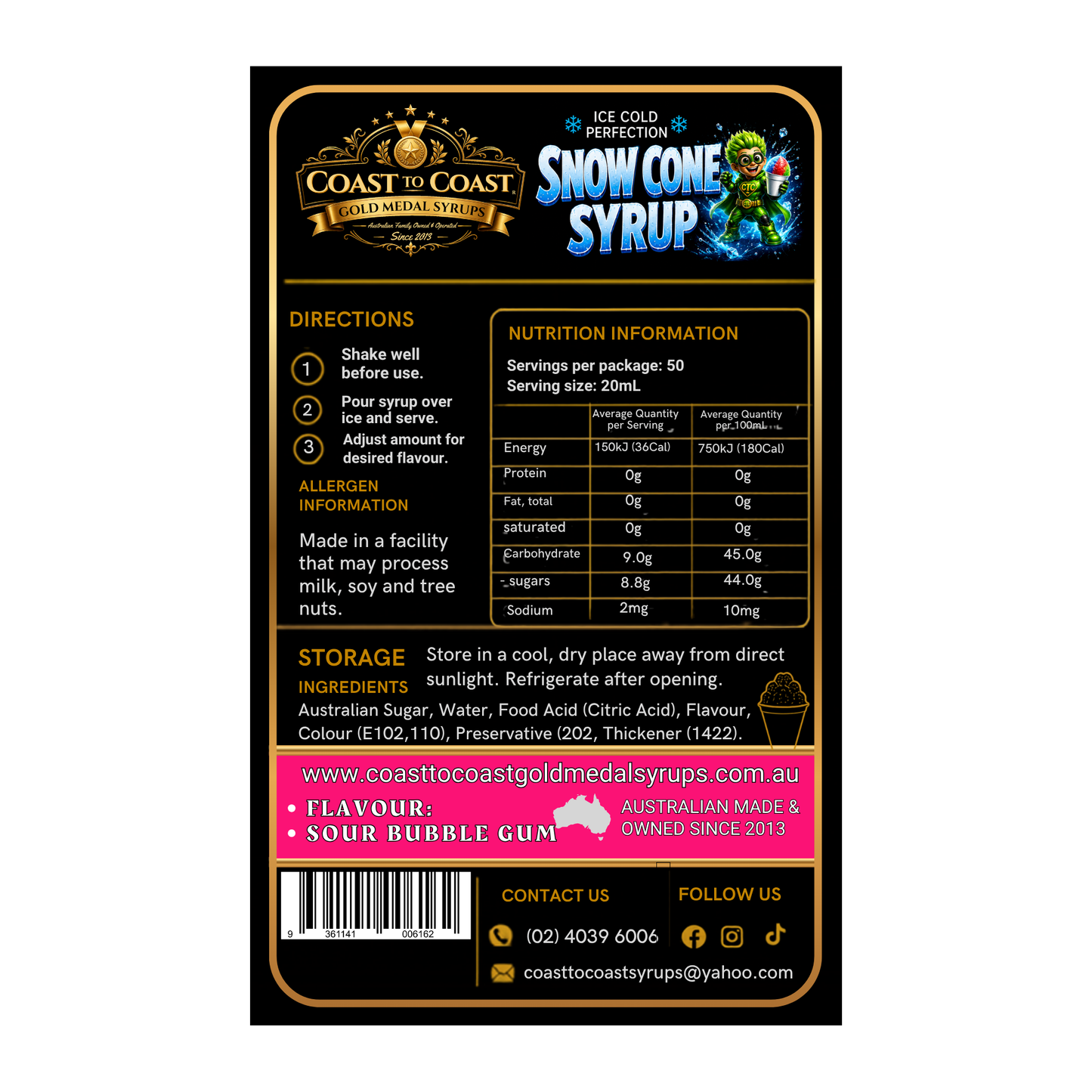 Premium Sour Bubble Gum Snow Cone Syrup 2ltr - Coast to Coast Gold Medal Syrups®