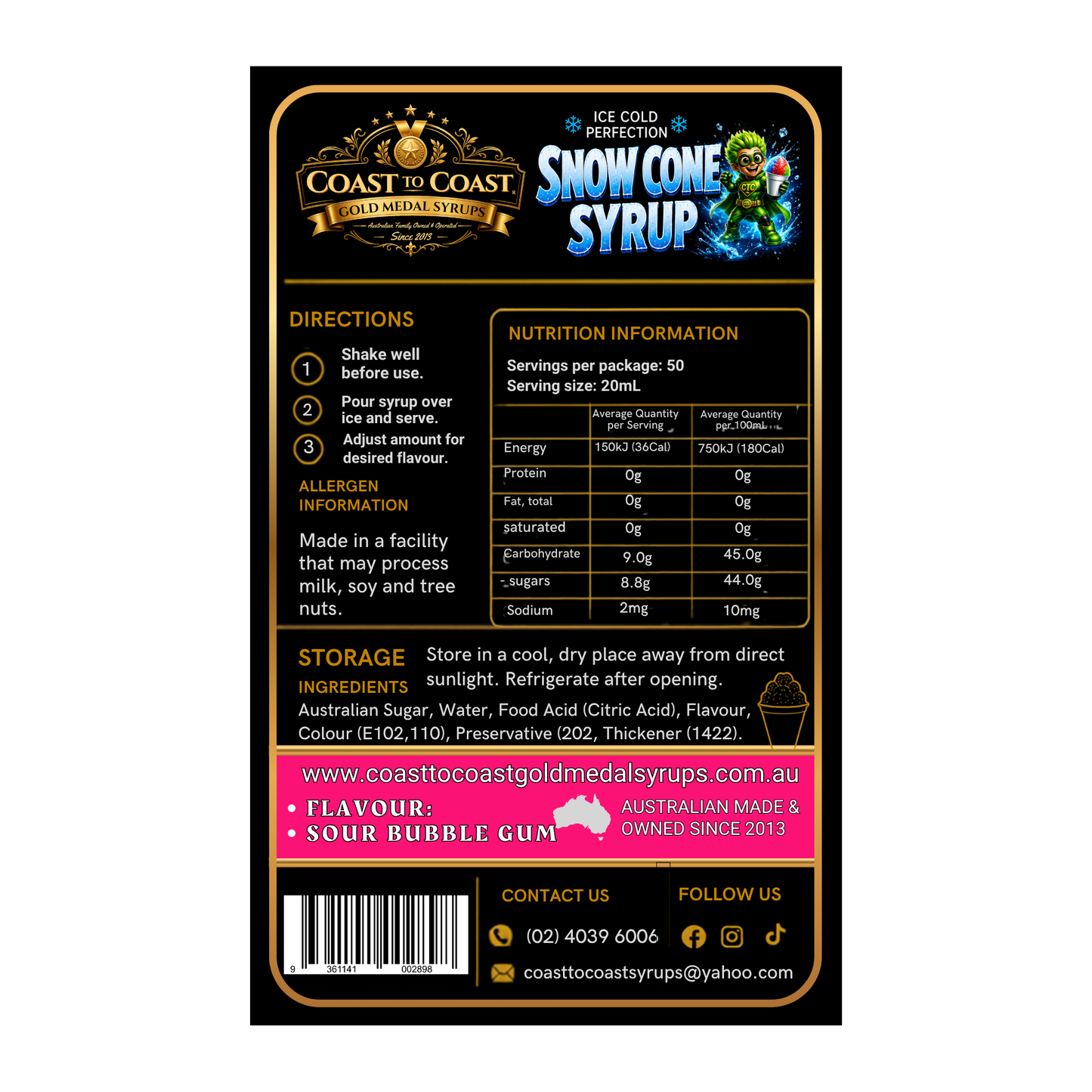 Premium Sour Bubble Gum Snow Cone Syrup 4ltr - Coast to Coast Gold Medal Syrups®