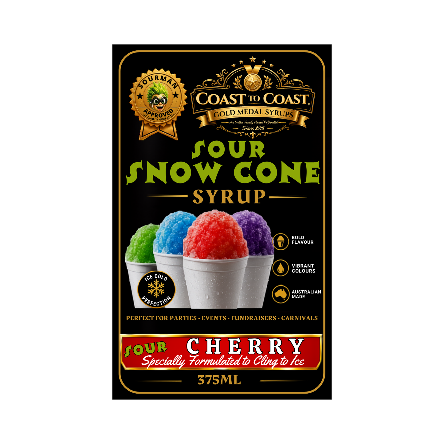 Premium Sour Cherry Snow Cone Syrup 375ml - Coast to Coast Gold Medal Syrups®