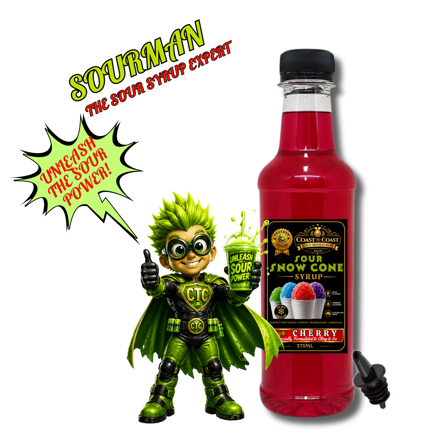 Premium Sour Cherry Snow Cone Syrup 375ml with Pourer - Coast to Coast Gold Medal Syrups®