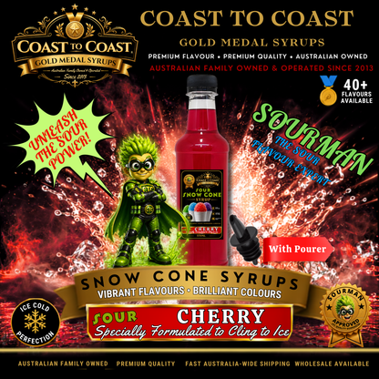 Premium Sour Cherry Snow Cone Syrup 375ml with Pourer - Coast to Coast Gold Medal Syrups®