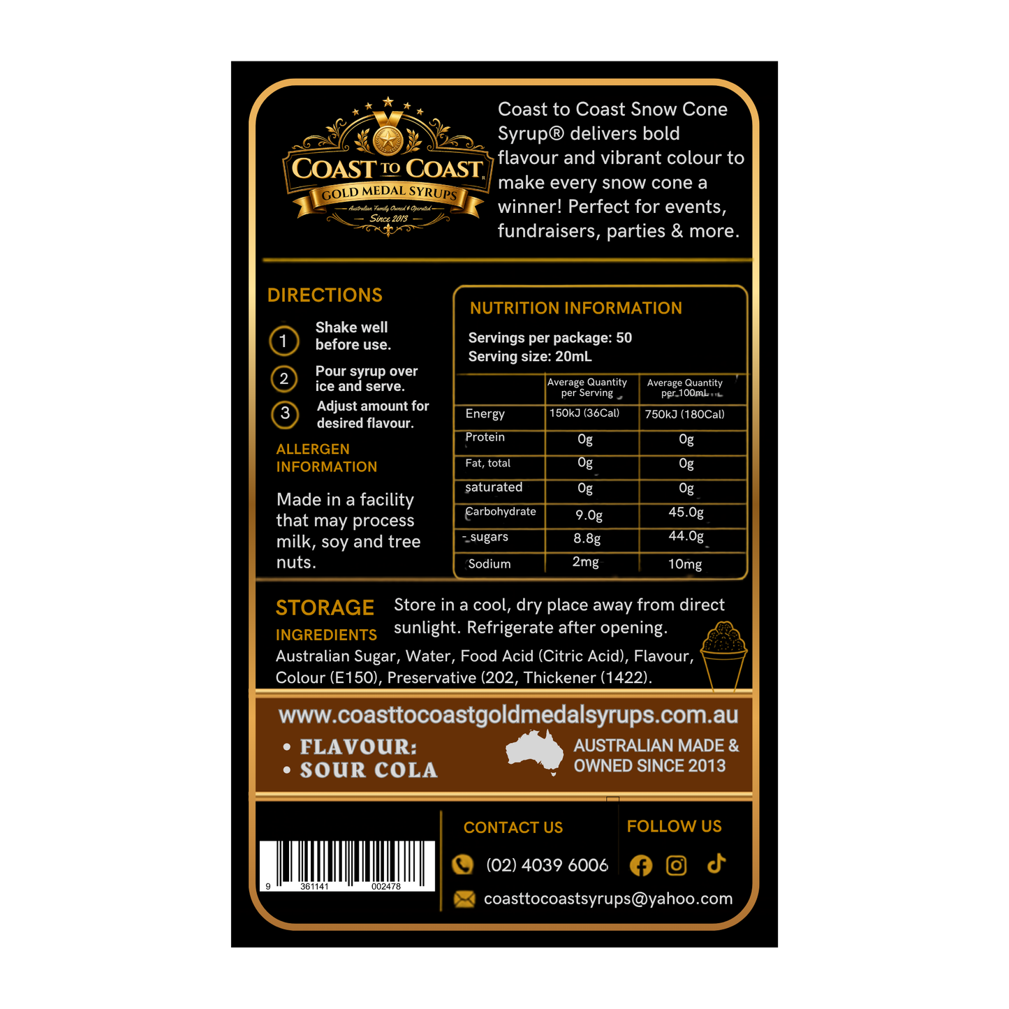 Premium Sour Cola 2ltr - Coast to Coast Gold Medal Syrups®