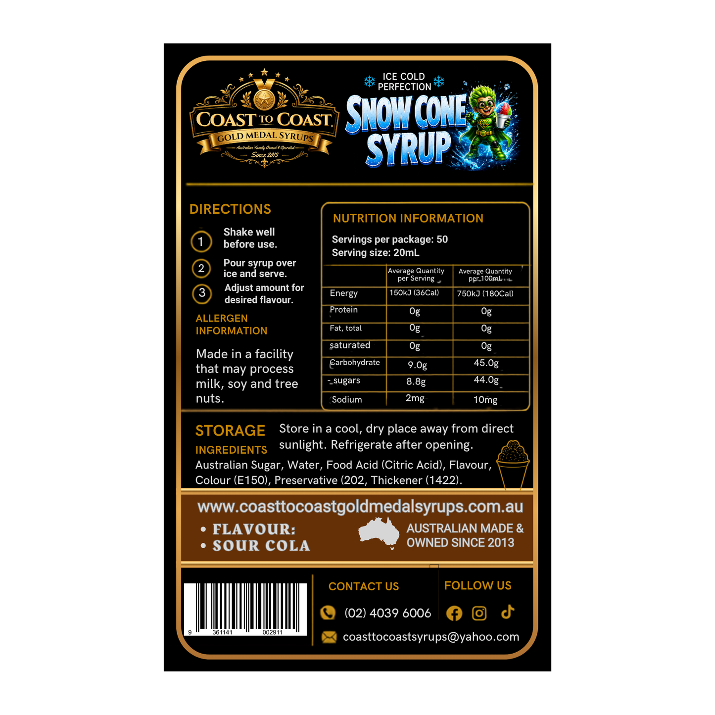Premium Sour Cola Snow Cone Syrup 4ltr - Coast to Coast Gold Medal Syrups®
