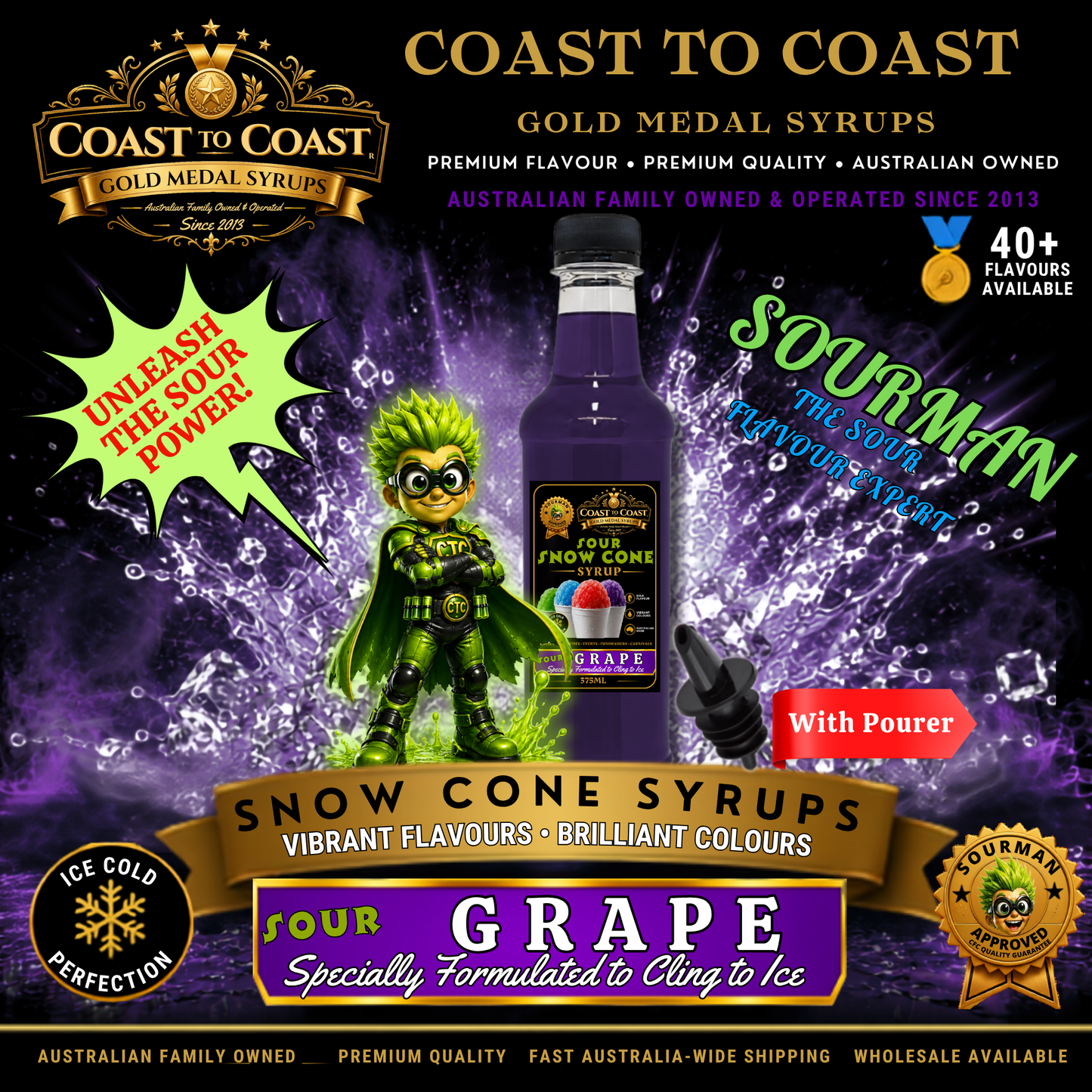 Premium Sour Grape Snow Cone Syrup 375ml with Pourer - Coast to Coast Gold Medal Syrups®
