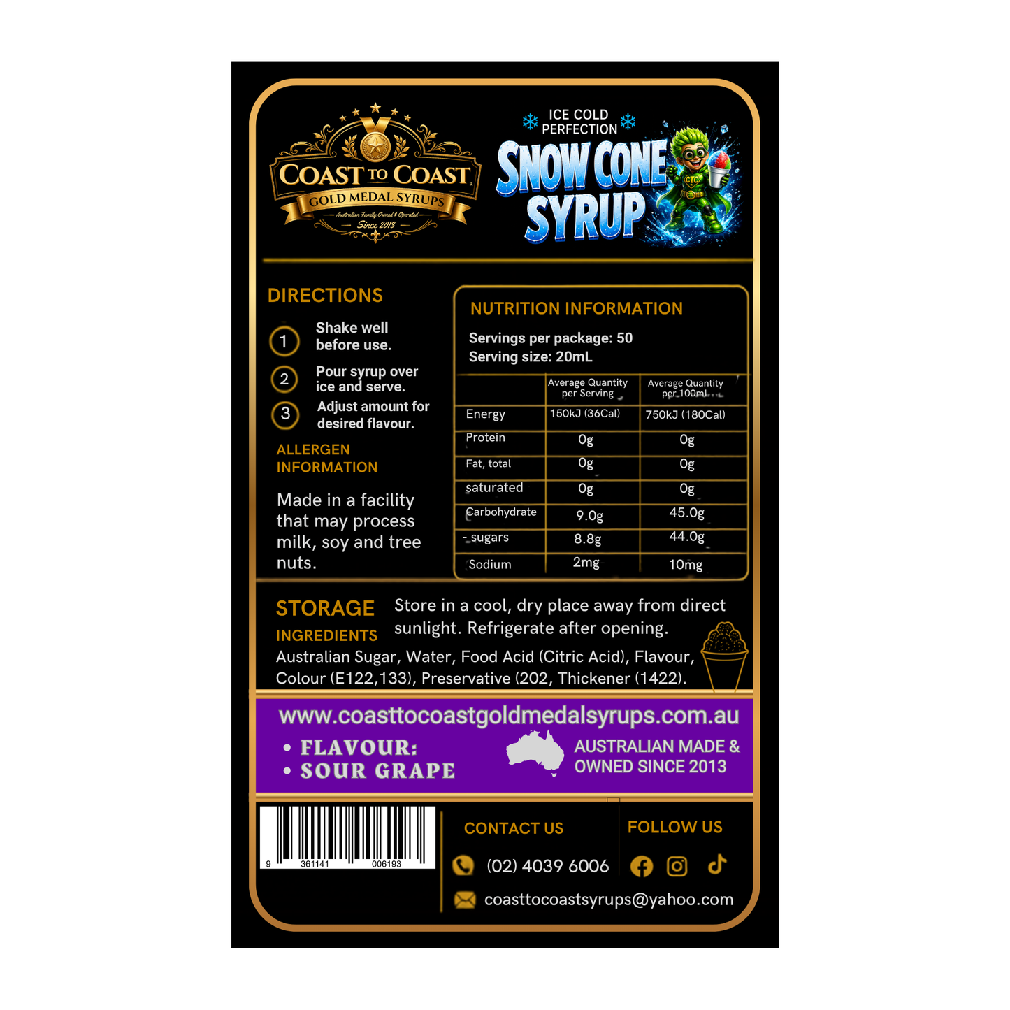 Premium Sour Grape Snow Cone Syrup 750ml - Coast to Coast Gold Medal Syrups®