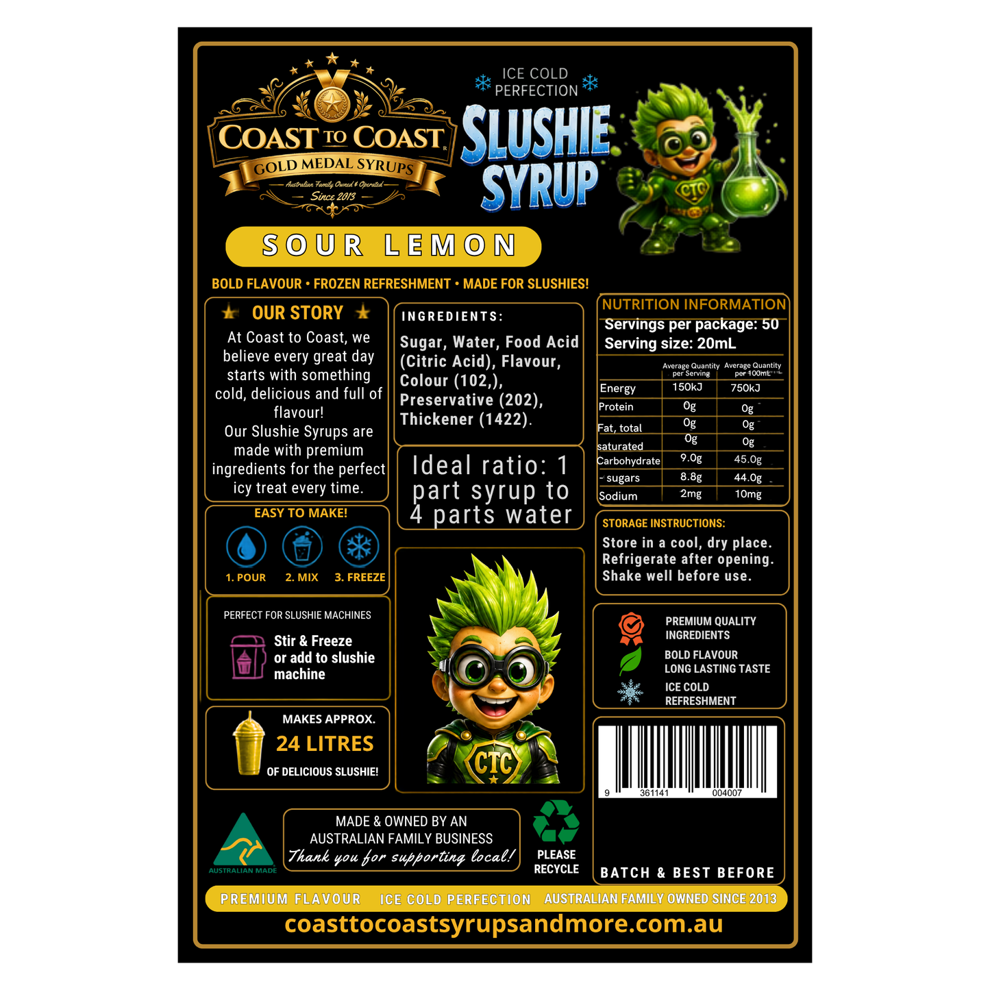 Premium Sour Lemon Slushie Syrups 4ltr - Coast to Coast Gold Medal Syrups