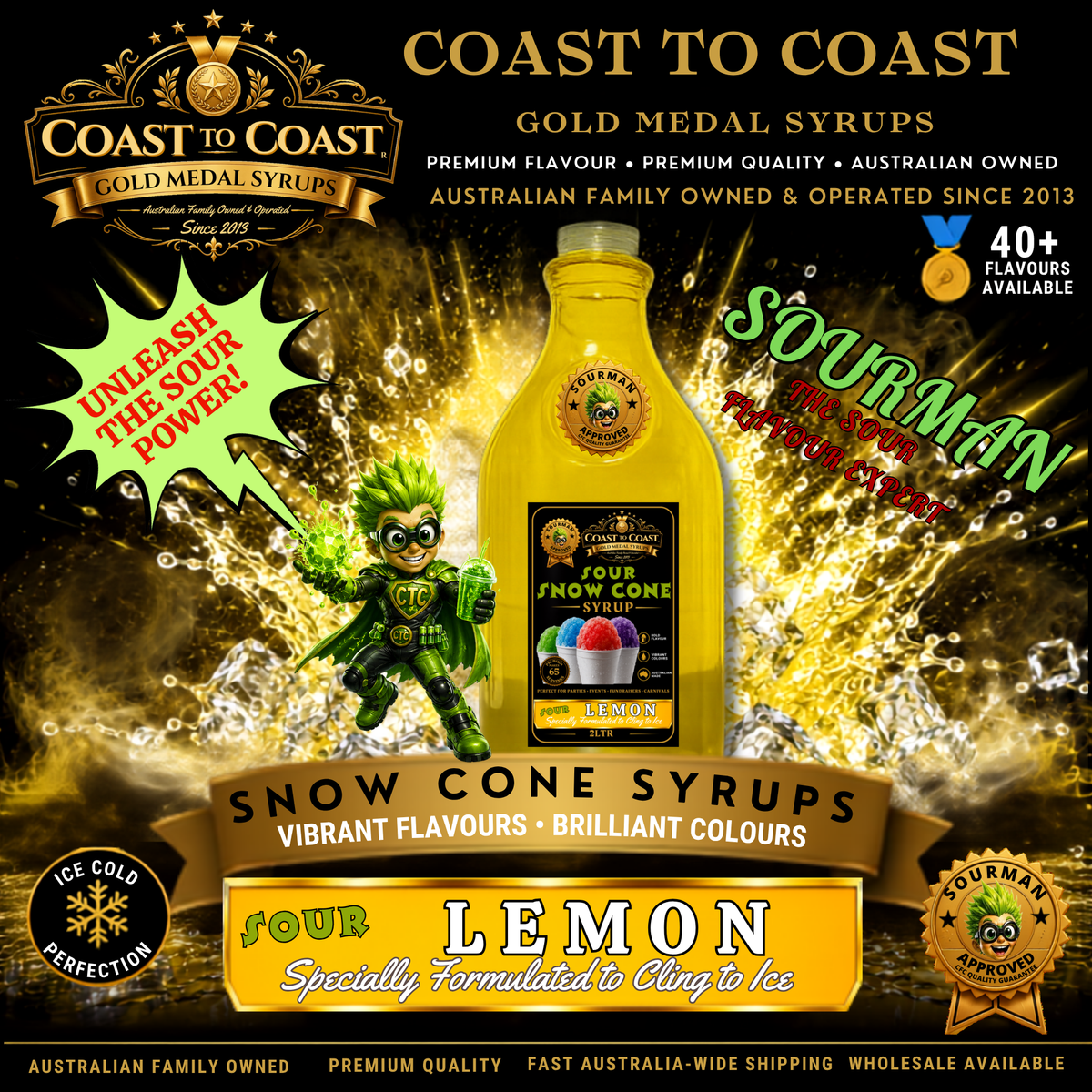 Premium Sour Lemon Snow Cone Syrup 2ltr - Coast to Coast Gold Medal Syrups®