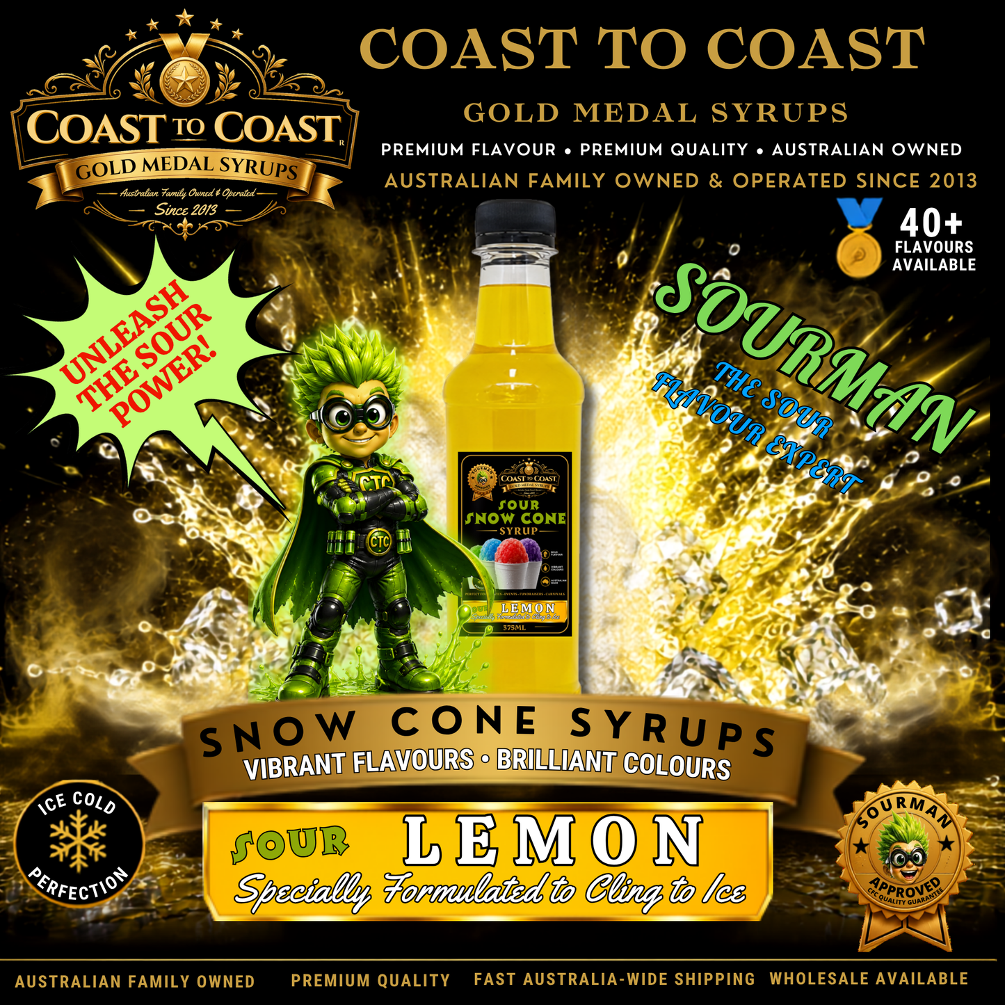 Premium Sour Lemon Snow Cone Syrup 375ml - Coast to Coast Gold Medal Syrups®