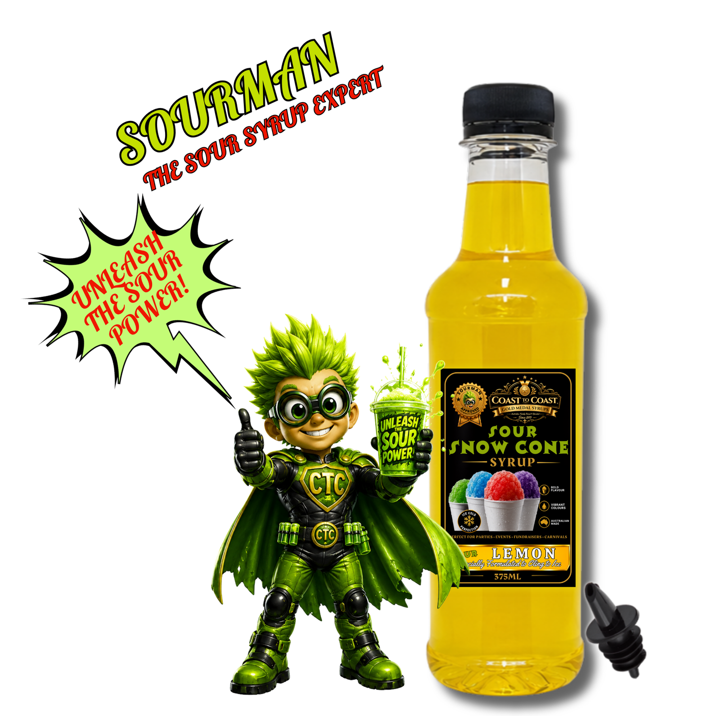 Premium Sour Lemon Snow Cone Syrup 375ml with Pourer- Coast to Coast Gold Medal Syrups®