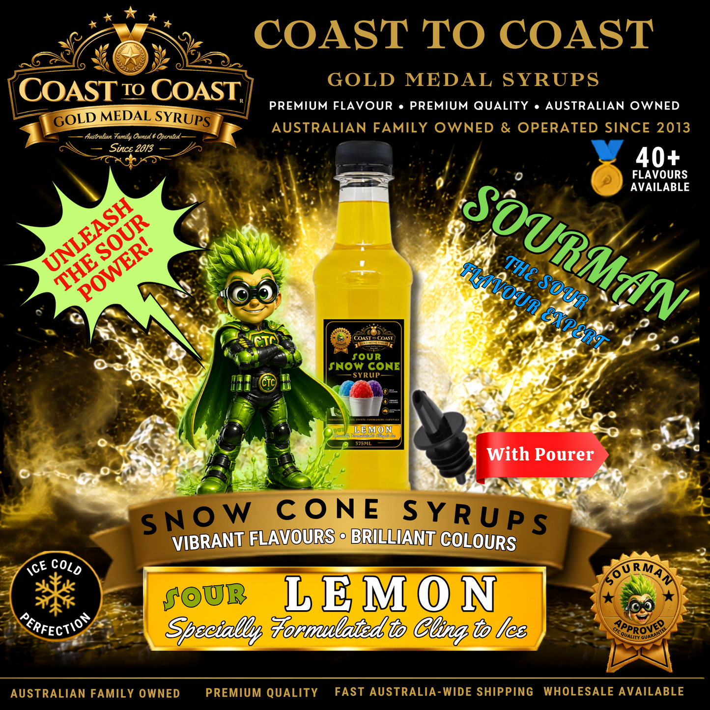 Premium Sour Lemon Snow Cone Syrup 375ml with Pourer- Coast to Coast Gold Medal Syrups®