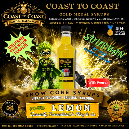 Premium Sour Lemon Snow Cone Syrup 375ml with Pourer- Coast to Coast Gold Medal Syrups®