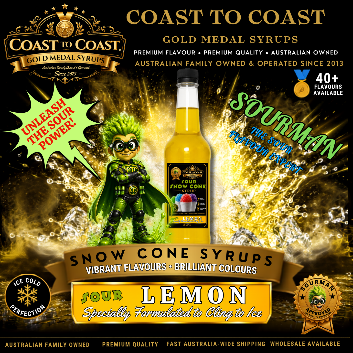 Premium Sour Lemon Snow Cone Syrup 750ml - Coast to Coast Gold Medal Syrups®