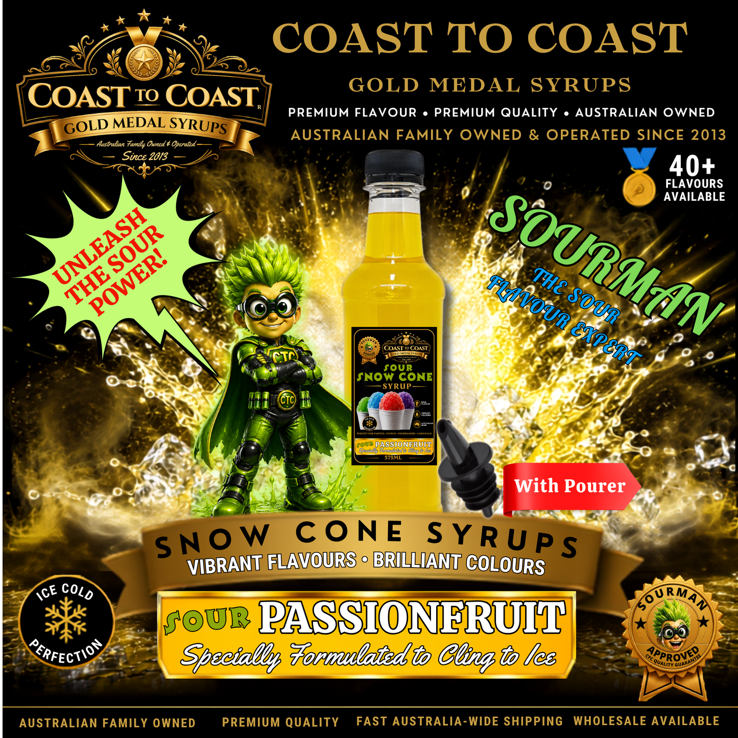 Premium Sour Passionfruit Snow Cone Syrup 375ml with Pourer - Coast to Coast Gold Medal Syrups®