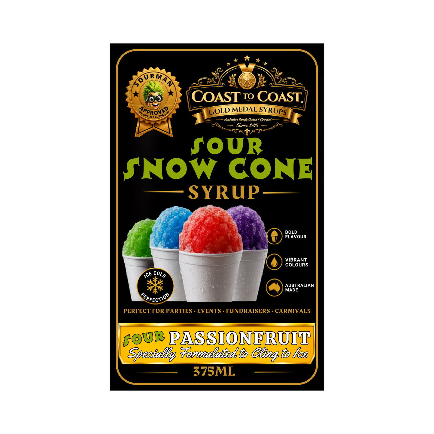 Premium Sour Passionfruit Snow Cone Syrup 375ml with Pourer - Coast to Coast Gold Medal Syrups®