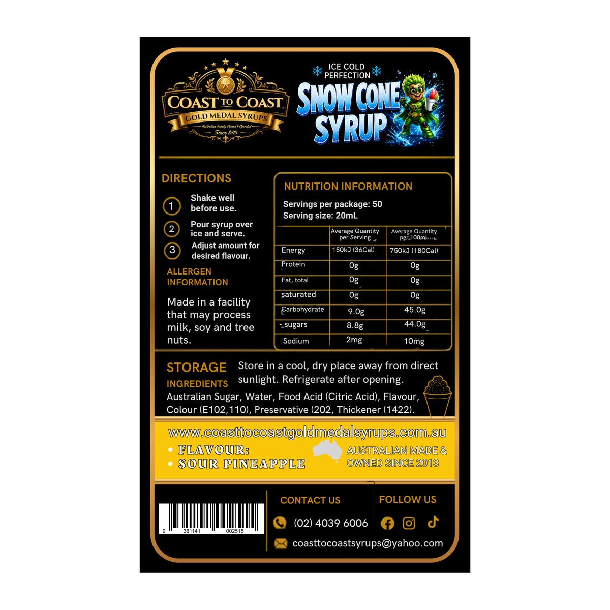 Premium Sour Pineapple Snow Cone Syrup 2ltr - Coast to Coast Gold Medal Syrups®