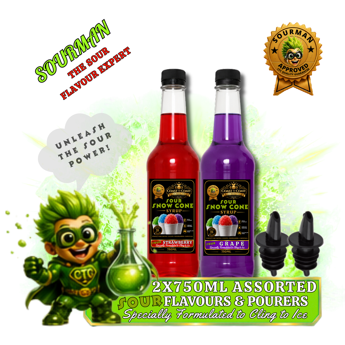 Premium Sour Snow Cone Syrup Assorted Flavours with Pourers 2x750ml - Coast to Coast Gold Medal Syrups®