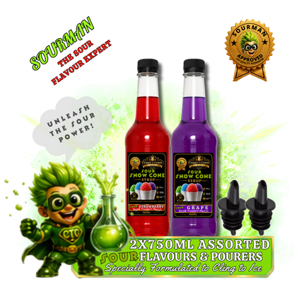 Premium Sour Snow Cone Syrup Assorted Flavours with Pourers 2x750ml - Coast to Coast Gold Medal Syrups®