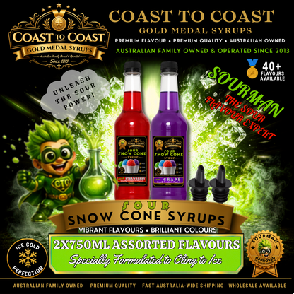 Premium Sour Snow Cone Syrup Assorted Flavours with Pourers 2x750ml - Coast to Coast Gold Medal Syrups®
