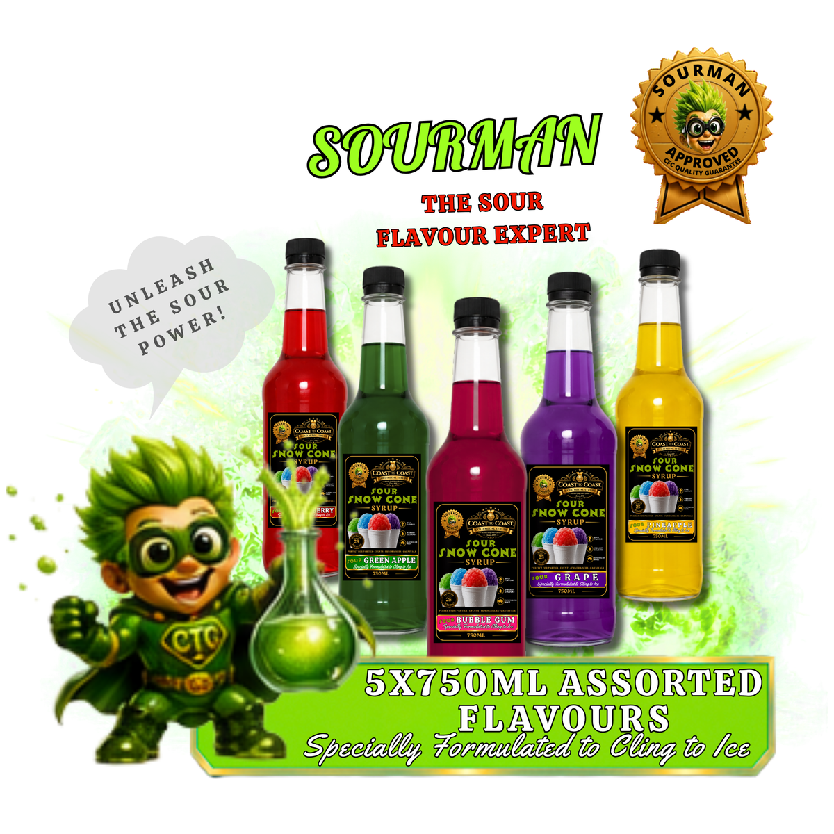 Premium Snow Cone Sour Assorted Flavour 5x750ml - Coast to Coast Gold Medal Syrups®