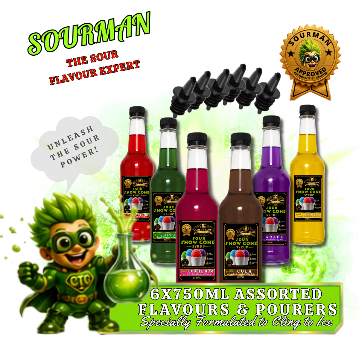 Premium Snow Cone Sour Assorted Flavour with Pourers 6x750ml - Coast to Coast Gold Medal Syrups®