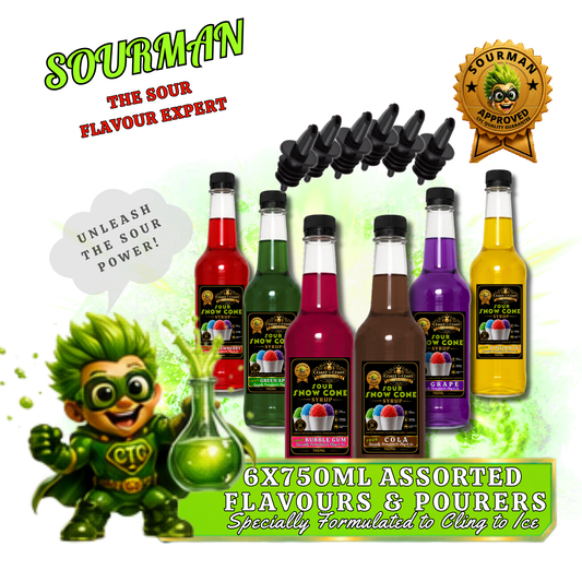 Premium Snow Cone Sour Assorted Flavour with Pourers 6x750ml - Coast to Coast Gold Medal Syrups®