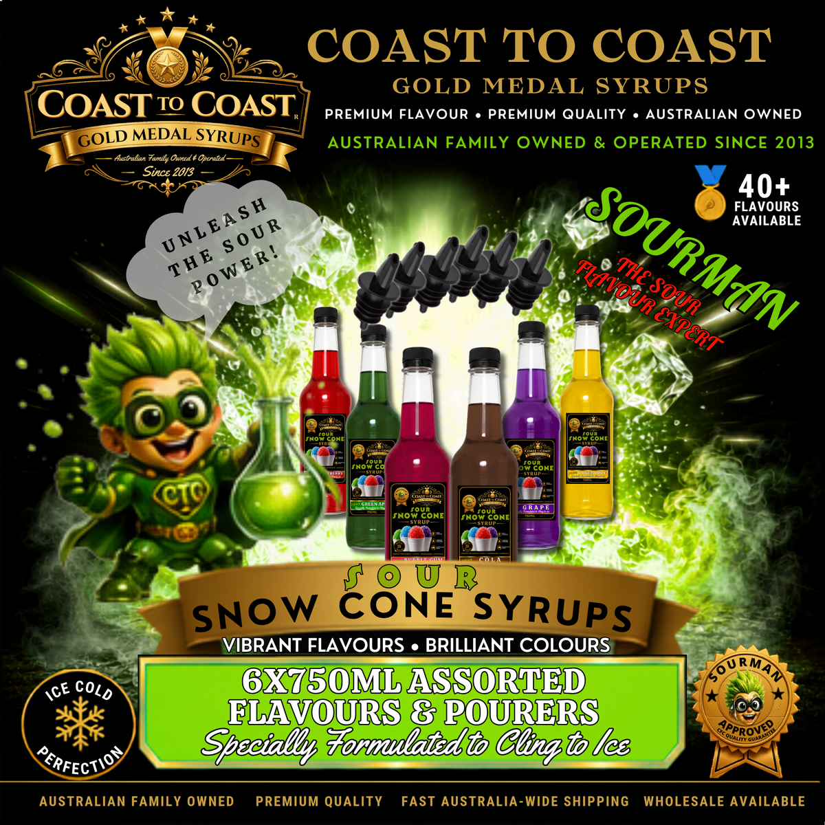 Premium Snow Cone Sour Assorted Flavour with Pourers 6x750ml - Coast to Coast Gold Medal Syrups®