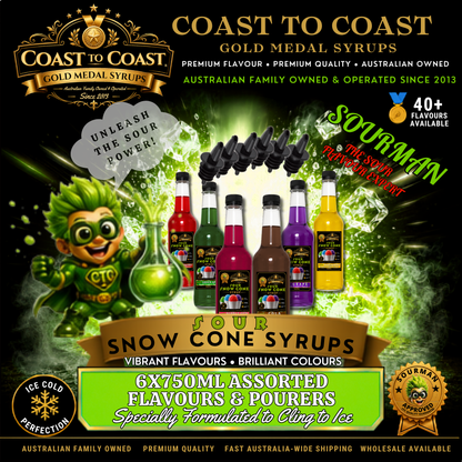 Premium Snow Cone Sour Assorted Flavour with Pourers 6x750ml - Coast to Coast Gold Medal Syrups®