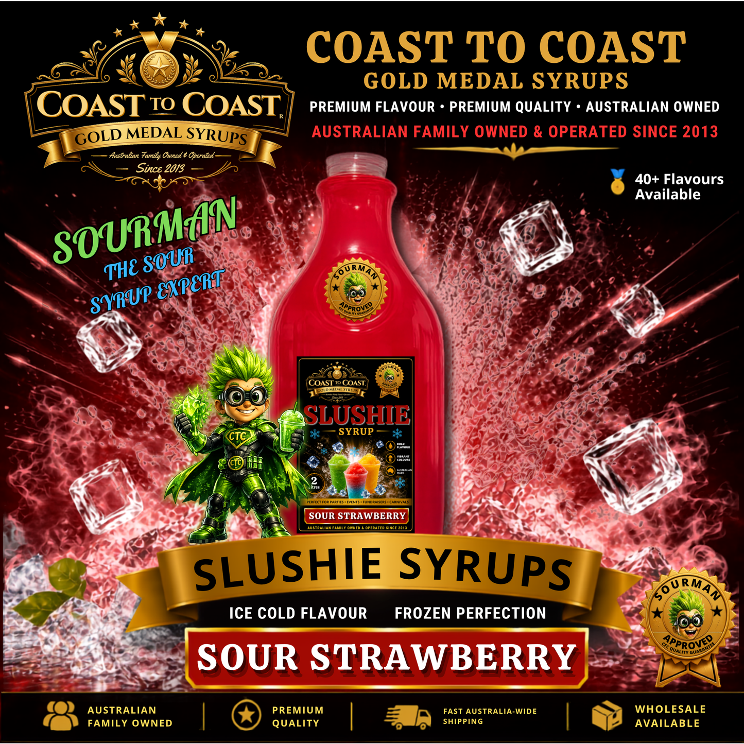 Premium Sour Strawberry Slushie Syrups 2ltr - Coast to Coast Gold Medal Syrups