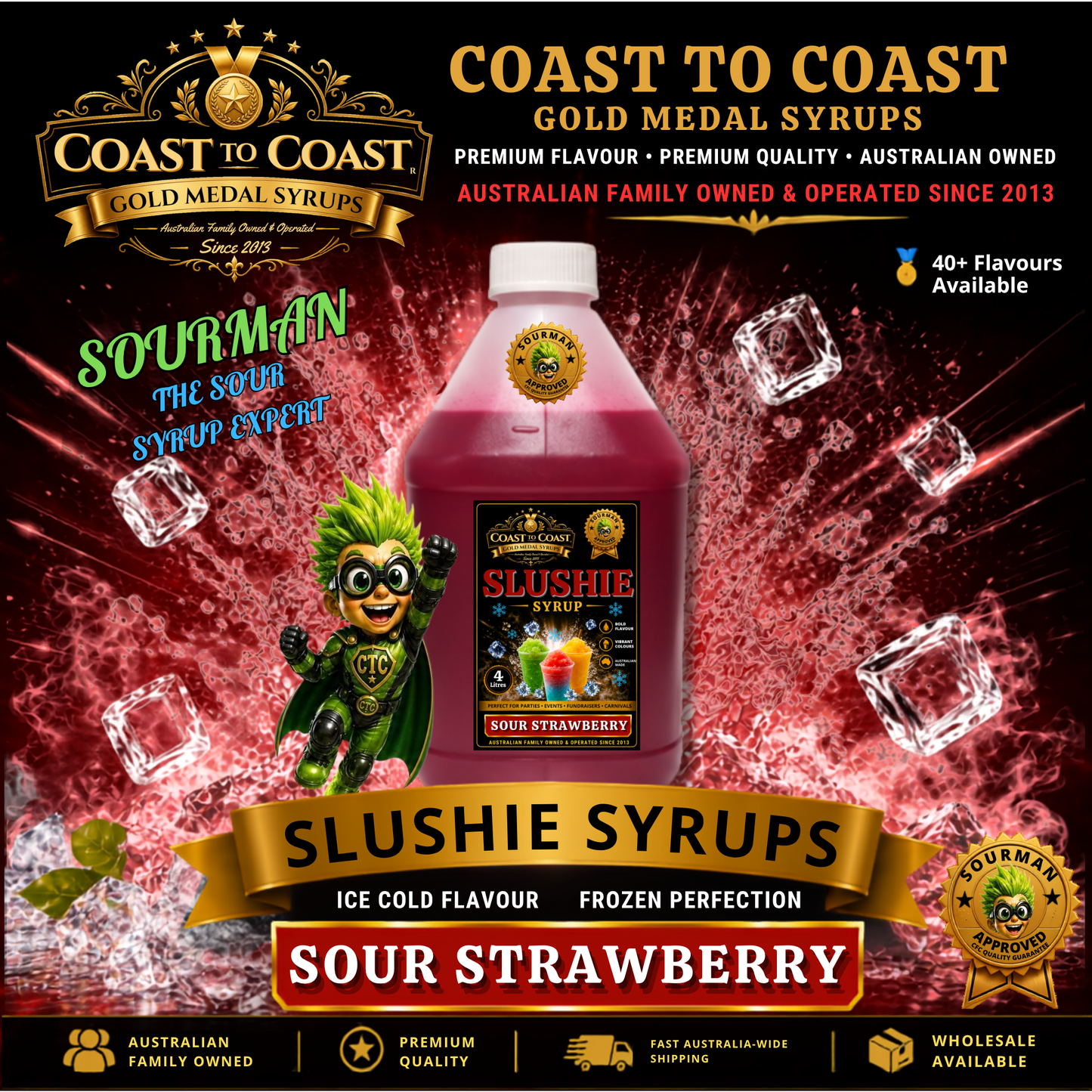 Premium Sour Strawberry Slushie Syrups 4ltr - Coast to Coast Gold Medal Syrups