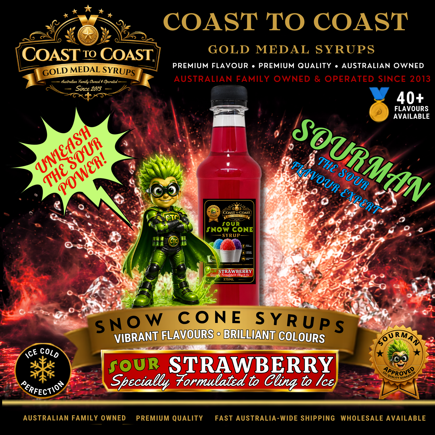 Premium Sour Strawberry Snow Cone Syrup  375ml - Coast to Coast Gold Medal Syrups®