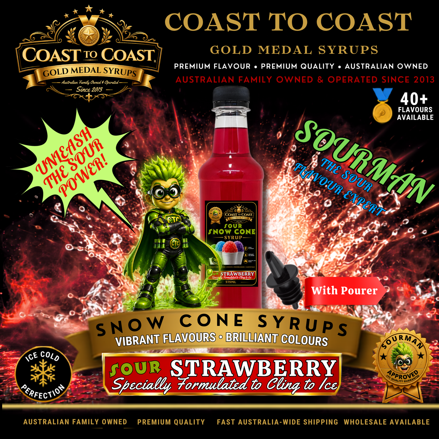 Premium Sour Strawberry Snow Cone Syrup  375ml with Pourer - Coast to Coast Gold Medal Syrups®