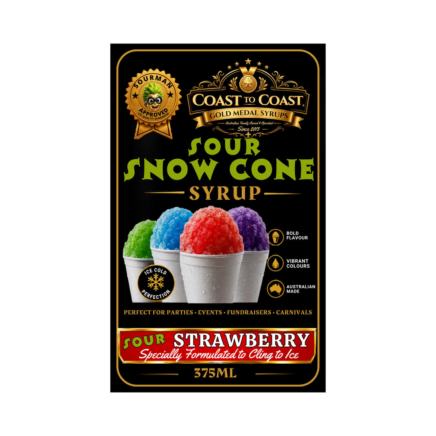 Premium Sour Strawberry Snow Cone Syrup  375ml with Pourer - Coast to Coast Gold Medal Syrups®