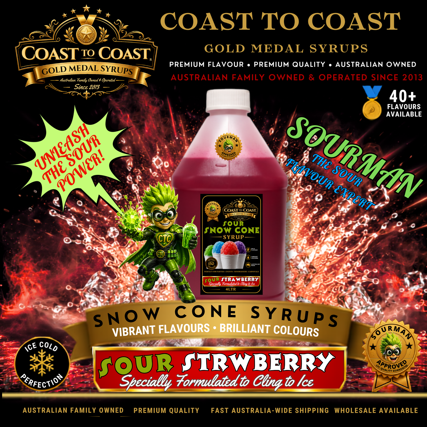 Premium Sour Strawberry Snow Cone Syrup  4ltr - Coast to Coast Gold Medal Syrups®